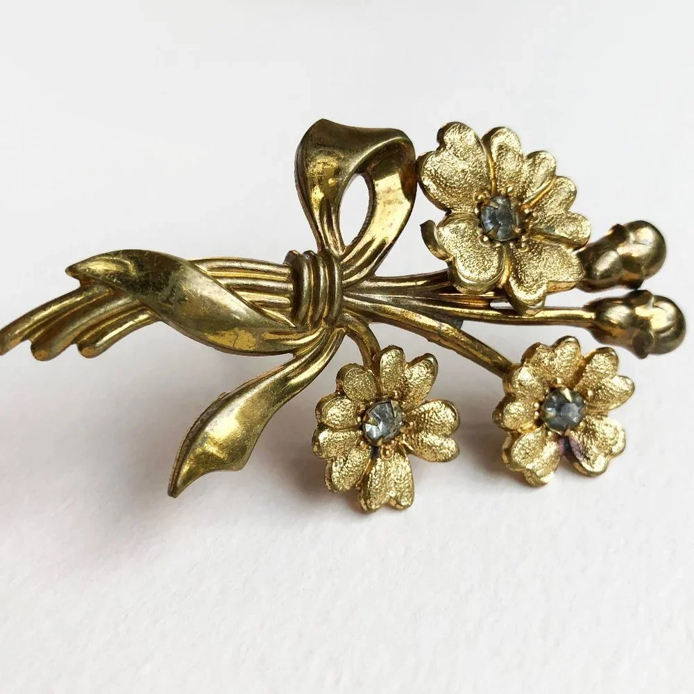 Vintage crystal flower brooch, floral rhinestone lapel pin